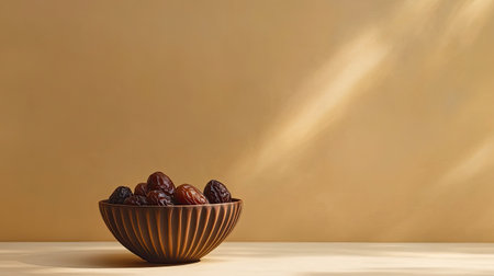 A rustic bowl filled with dates rests on a softly lit surface, showcasing natural textures and warm tones, perfect for food photography or design concepts.の素材