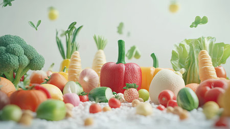 A vibrant collection of fresh vegetables and fruits showcases a healthy and colorful arrangement, perfect for promoting nutrition and healthy eating.の素材