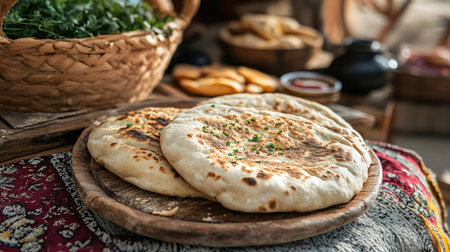 A delicious serving of traditional flatbread, beautifully presented on a rustic wooden board, garnished with herbs, perfect for any meal setting.の素材