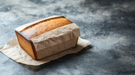 A beautifully baked loaf of bread wrapped in paper resting on a rustic surface. Ideal for showcasing freshness and culinary artistry in food photography.の素材