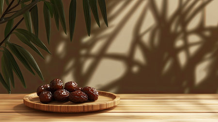 Discover a serene still life featuring dates displayed on a wooden plate, surrounded by gentle shadows from lush green leaves, evoking a sense of calm.の素材