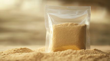 A clear plastic package filled with golden powder sits on fine sand, showcasing a natural setting. Ideal for food ingredient and culinary themes.の素材