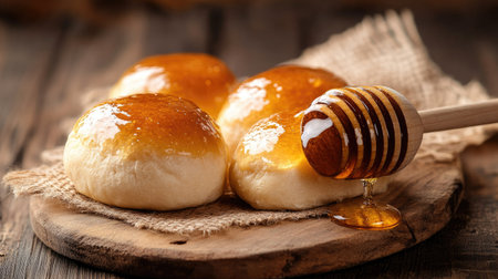 Delight in the golden sweetness of fresh rolls topped with honey drizzles, beautifully served on a rustic wooden board. Perfect for baking enthusiasts.の素材