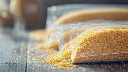 Close-up view of golden sugar granules in clear packaging, spilling onto a rustic wooden surface, showcasing texture and richness, ideal for culinary use.の素材