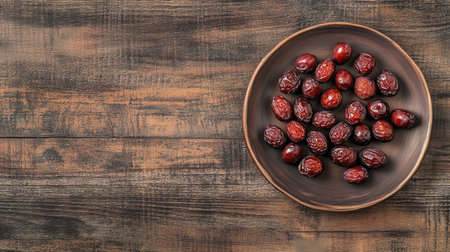 A rustic plate filled with fresh dates on a wooden surface. Perfect for showcasing healthy snacks, these natural fruits offer a sweet taste and vibrant color, ideal for culinary presentations.の素材