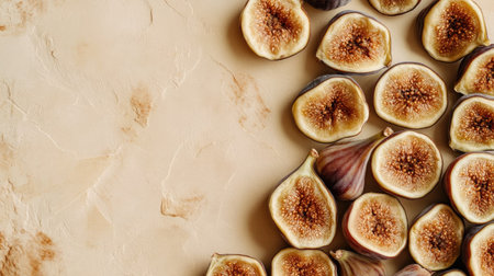 Discover a beautiful arrangement of fresh figs sliced open, showcasing their natural sweetness and vibrant texture against a creamy backdrop. Perfect for culinary inspiration!の素材