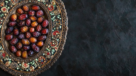 An elegant arrangement of fresh dates on a beautifully ornate plate, set against a dark background, perfect for showcasing natural and gourmet themes.の素材
