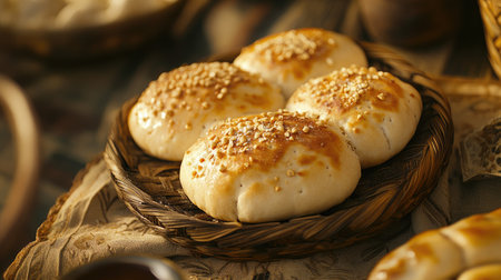 Indulge in this beautifully baked bread topped with sesame, perfect for any meal. Its golden crust and soft texture make it a delightful treat.の素材
