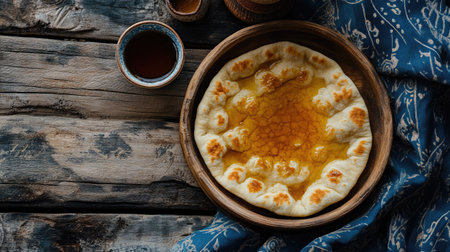 Enjoy a beautifully baked bread placed on a rustic wooden table. This image captures the golden crust and inviting texture, perfect for culinary delight.の素材