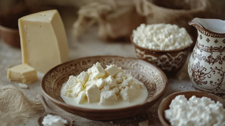 A beautiful arrangement of creamy dairy products on a rustic table, showcasing fresh cheese, cottage cheese, and milk in charming bowls and vessels.の素材