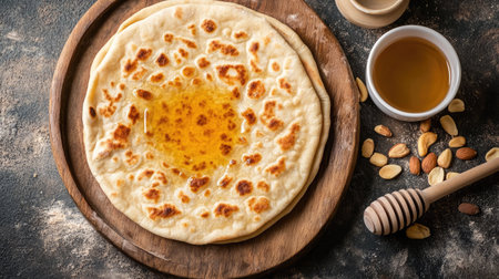 A mouthwatering flatbread resting on a wooden board, enriched with honey and surrounded by nuts, perfect for breakfast or snacking.の素材