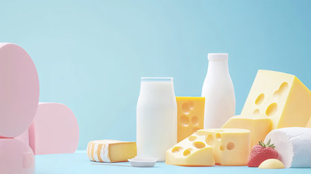 A vibrant arrangement of assorted dairy products on a blue backdrop, featuring milk, cheese, and yogurt, complemented by a fresh strawberry. Perfect for culinary and food photography.の素材