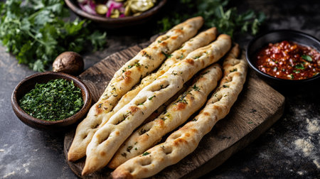 Indulge in freshly baked bread infused with herbs, served with assorted dipping sauces. A perfect addition to any meal or gathering.の素材