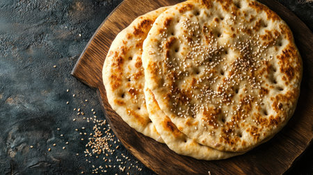 Two freshly baked flatbreads are placed on a rustic wooden board, showcasing a light golden color and sprinkled with sesame seeds, ideal for any meal.の素材