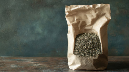 A rustic bag filled with ground spices sits on a textured surface, showcasing natural ingredients perfect for culinary applications and cooking adventures.の素材