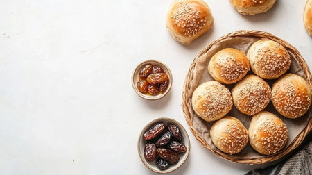 Enjoy a delightful assortment of fresh baked bread rolls topped with sesame seeds, paired with sweet dried fruits, perfect for any occasion.の素材