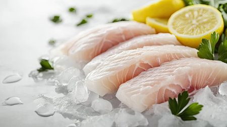 This image showcases fresh fish fillets elegantly arranged on ice with lemon slices and parsley. Ideal for culinary projects or seafood promotions.の素材