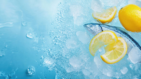 A visually appealing image featuring fresh fish garnished with lemon slices and ice on a blue background, perfect for culinary themes and seafood dishes.の素材