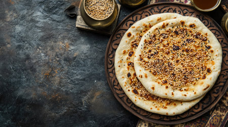 Savory flatbreads topped with sesame seeds, perfect for any meal. Ideal for enhancing dishes or as a snack, showcasing a rustic, flavorful appeal.の素材