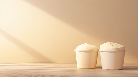 This image features two simple containers filled with creamy texture on a wooden surface, illuminated by soft light, evoking warmth and minimalism.の素材