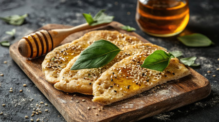 A rustic flatbread drizzled with honey, adorned with sesame seeds and fresh herbs, set on a wooden board for a cozy and appetizing presentation.の素材