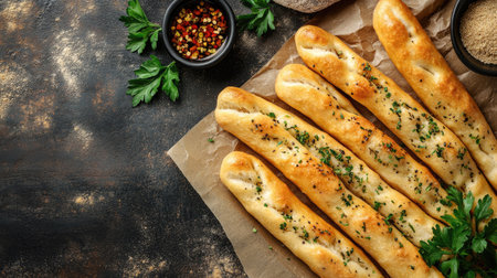 A tempting arrangement of freshly baked breadsticks garnished with herbs and served alongside spices. Perfect for snacks, appetizers, or gourmet meals.の素材