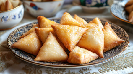 A delightful array of golden crispy pastries presented on an ornate plate, perfect for gatherings or special occasions. Ideal for food lovers.の素材