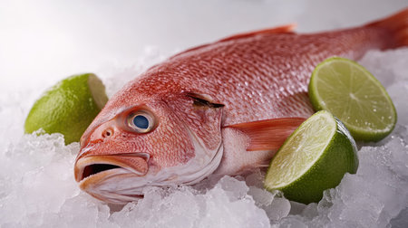 A vibrant, fresh fish displayed on ice, surrounded by lime slices, showcasing the perfect ingredient for a healthy meal or culinary creation.の素材