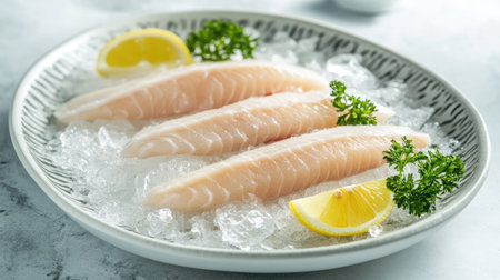 Three fresh fish fillets served on ice with lemon slices and parsley garnishes, offering a visually appealing and appetizing seafood presentation.の素材