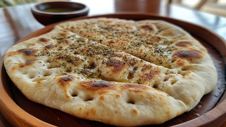 A close-up of freshly baked flatbread topped with a blend of herbs and drizzled with oil, perfect for serving as a delicious appetizer or snack.の素材