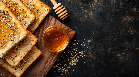 A beautifully styled image of fresh bread slices topped with honey and sesame seeds, displayed on a rustic wooden board. Ideal for food-related themes.の素材