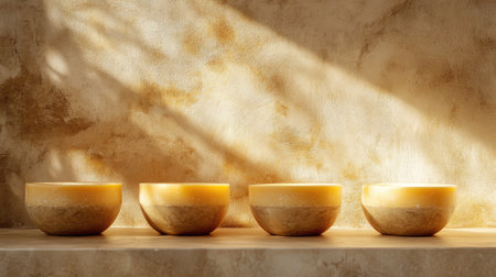 A serene composition featuring four yellow bowls bathed in soft light, enhancing their textures against a warm backdrop. Perfect for home decor inspirations.の素材