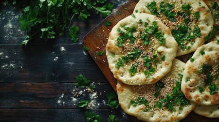 This image showcases freshly baked flatbread topped with herbs and seeds, artfully arranged on a rustic wooden board, perfect for culinary inspiration.の素材