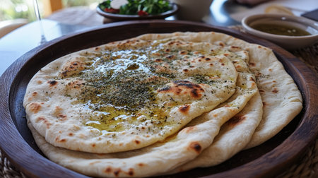 Enjoy a delicious plate of freshly baked naan, drizzled with olive oil and sprinkled with herbs. Perfect for any meal or as a savory snack.の素材