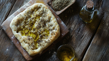 Discover the delicious appeal of freshly baked flatbread topped with herbs and olive oil, perfect for rustic meals and culinary delights.の素材