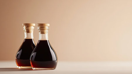 Two elegantly designed bottles filled with dark liquid on a neutral background, perfect for culinary, artistic, or decorative purposes.の素材