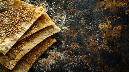 Delve into the rustic charm of crispy flatbreads sprinkled with sesame seeds, ideal for culinary delights and enhancing any dish's presentation.の素材