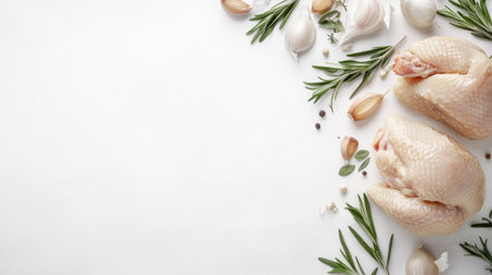 Fresh chicken pieces surrounded by herbs and garlic on a white background. Perfect for culinary projects, recipe inspirations, or food photography.の素材