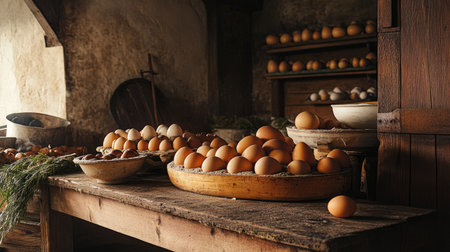 A rustic kitchen scene featuring an abundance of fresh eggs elegantly arranged on a wooden table, highlighting natural elements and warm tones.の素材
