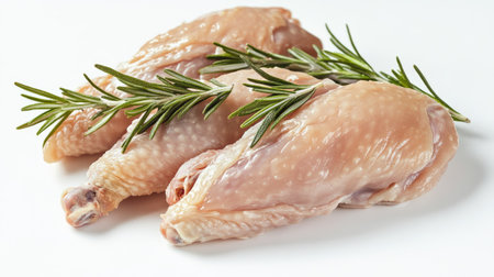 Fresh raw chicken wings garnished with aromatic rosemary, perfect for various culinary applications. Ideal for grilling, baking, or frying.の素材