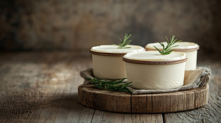 A serene still-life photograph featuring creamy cheese in rustic containers, garnished with fresh rosemary. Perfect for culinary and lifestyle themes.の素材