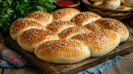 A visually appealing display of freshly baked sesame bread rolls arranged on a wooden platter, perfect for highlighting culinary artistry and delicious flavors.の素材