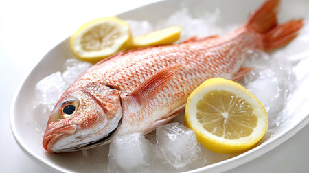 A beautifully arranged plate featuring fresh fish on ice, garnished with lemon slices. Ideal for food photography, culinary art, and seafood presentations.の素材