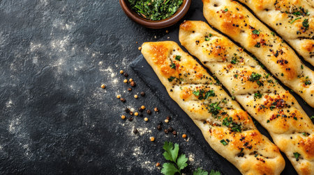 Freshly baked flatbread topped with herbs and spices, presented on a dark surface. Ideal for food photography, cooking blogs, and recipe books.の素材