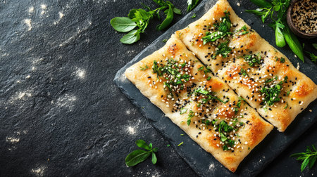 This image features a freshly baked flatbread topped with herbs and spices, showcasing a delectable and appetizing presentation perfect for culinary use.の素材