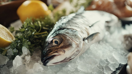A fresh fish resting on a bed of ice, garnished with herbs and lemon slices, showcasing vibrant colors and textures ideal for culinary presentations.の素材