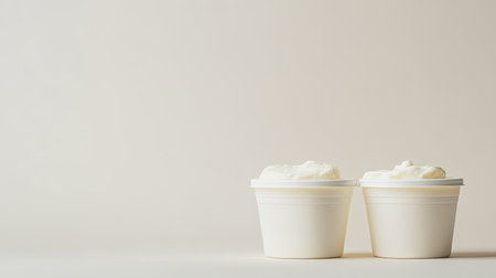 Two white containers filled with creamy texture sit on a soft neutral background, presenting a minimalist and modern aesthetic perfect for food photography.の素材