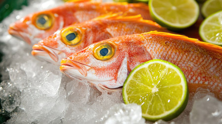This captivating image features fresh fish displayed on ice, garnished with vibrant lime slices. Perfect for seafood recipes or culinary promotions.の素材