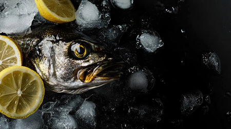 A captivating image of a fresh fish garnished with lemon slices on a bed of ice, highlighting its vibrant colors and rich textures, perfect for culinary presentations.の素材