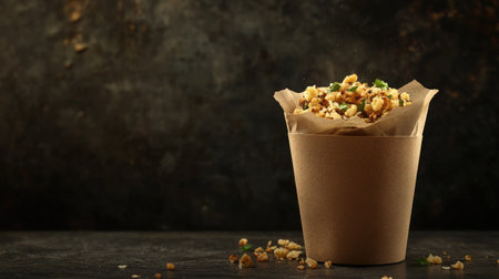 A tempting snack of freshly popped popcorn served in a rustic paper container. Perfect for parties, movie nights, or casual gatherings.の素材